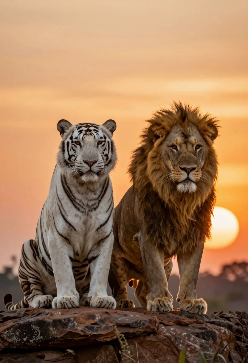 White tiger and male lion sitting on rocky ledge against vibrant sunset - AI generated image prompt sample
