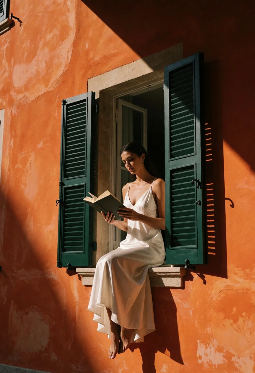 Young woman reading book on window ledge against terracotta orange wall - AI generated image prompt sample