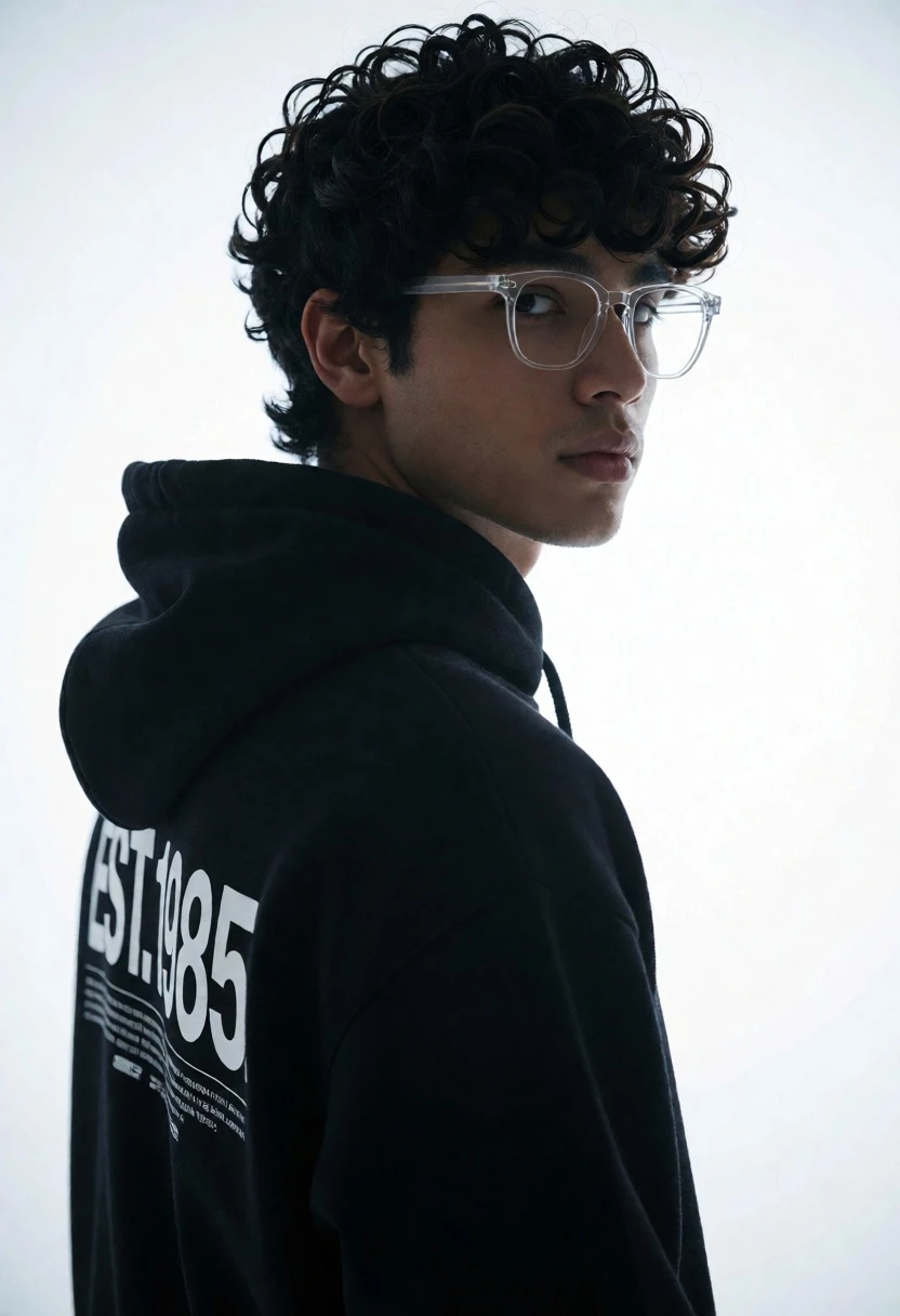 Young man with curly black hair looking over shoulder against white studio - AI generated image prompt sample