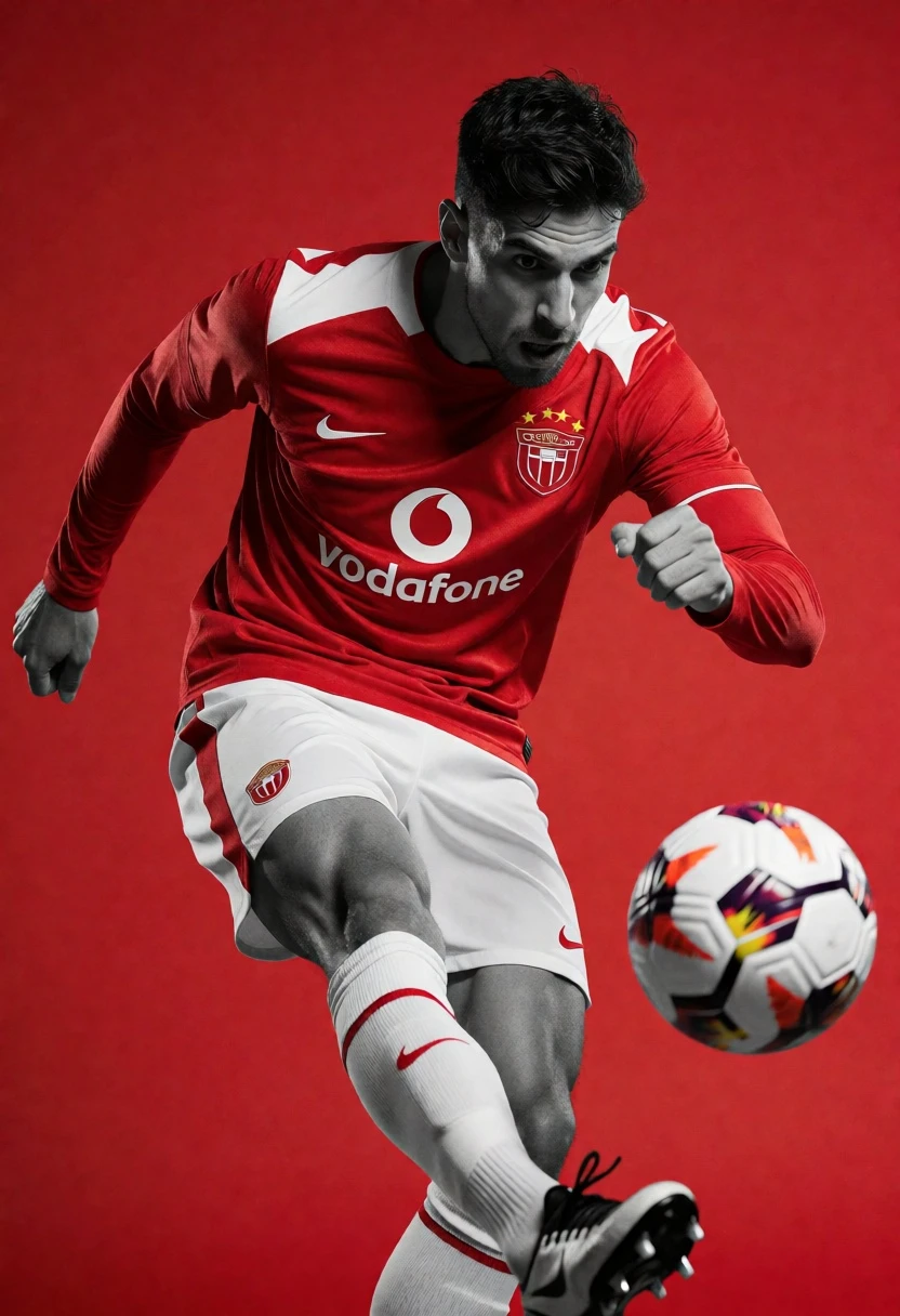 Dynamic soccer player kicking ball against solid vibrant red background - AI generated image prompt sample