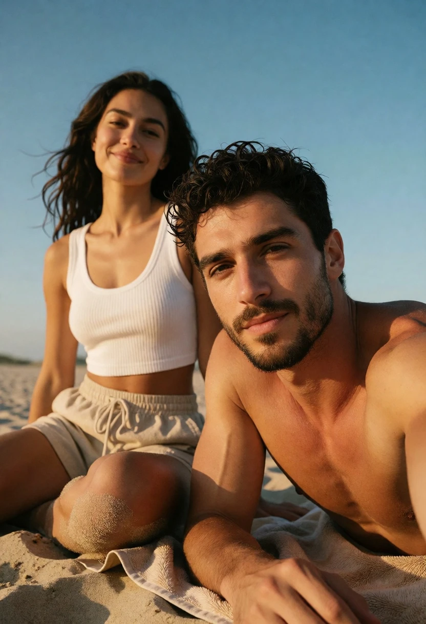 Couple relaxing on sandy beach under clear blue sky golden sunlight - AI generated image prompt sample