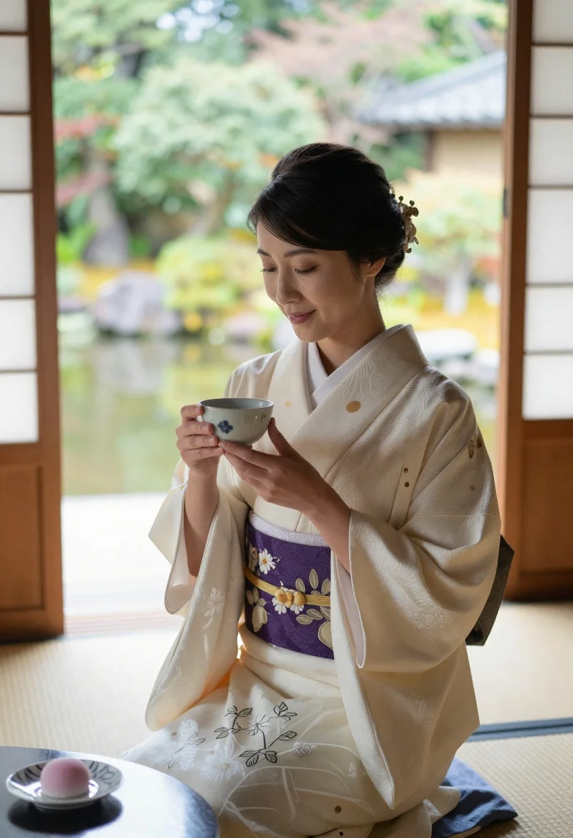Woman in traditional japanese kimono holding tea bowl indoors - AI generated image prompt sample