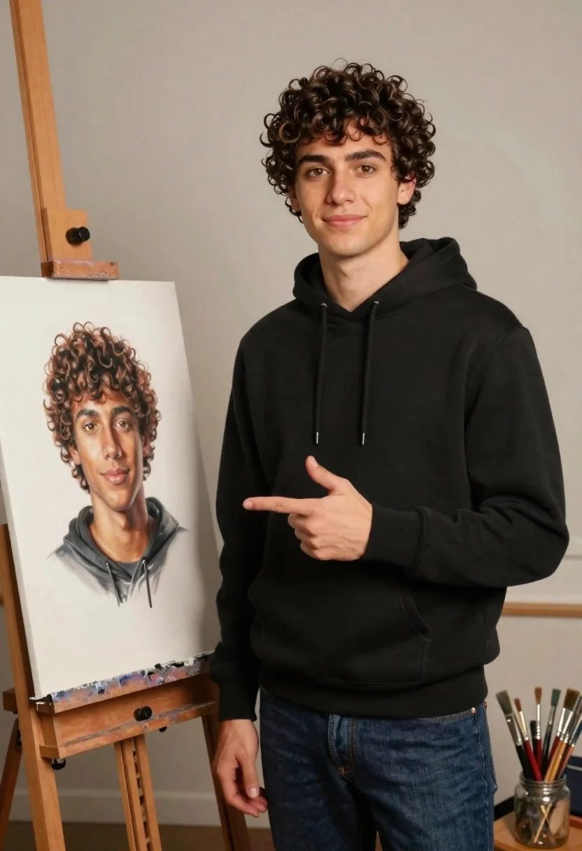 Young man standing by easel displaying his portrait in art studio - AI generated image prompt sample