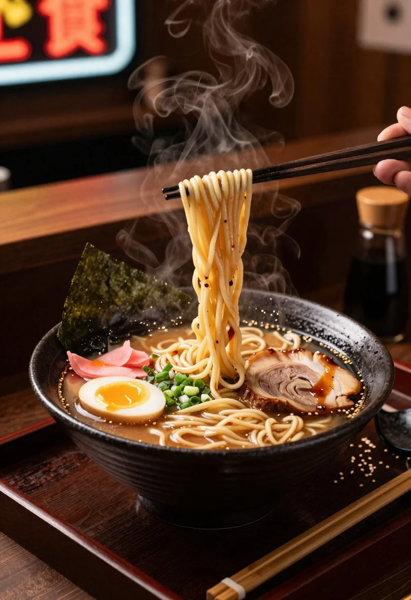 Close up of steaming tonkotsu ramen bowl with noodles being lifted