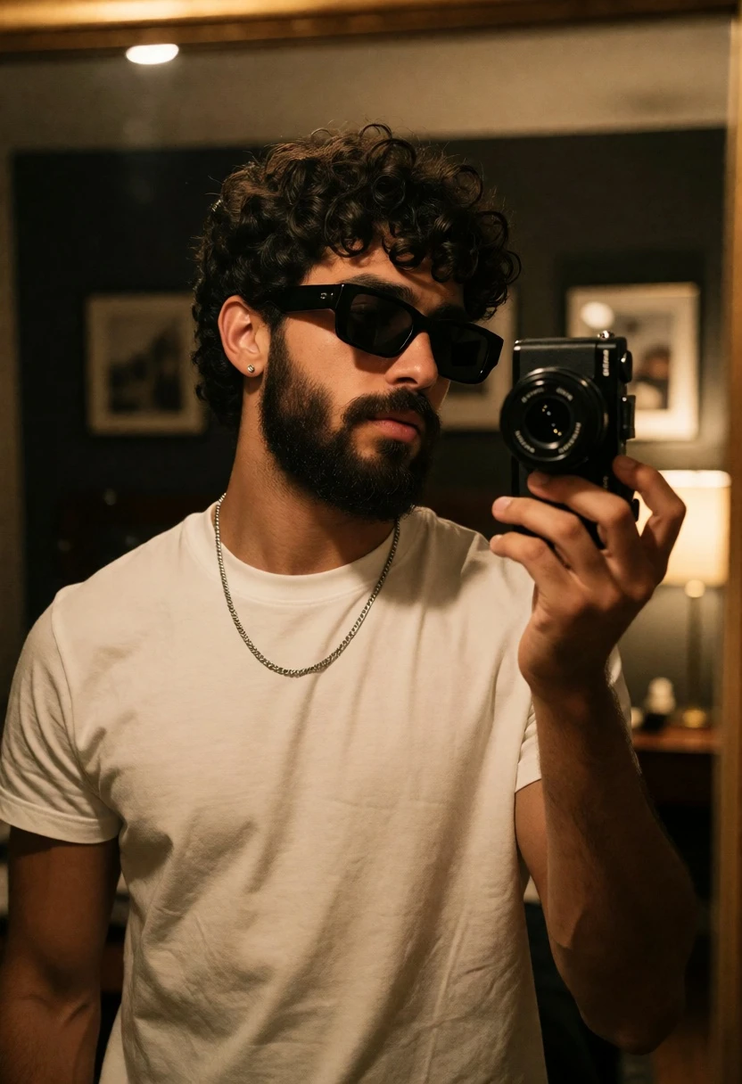 Young man taking mirror selfie in white tshirt against dark room - AI generated image prompt sample