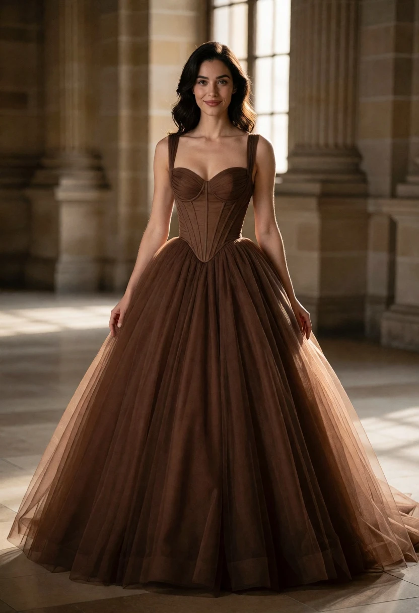Woman in brown gown standing in grand stone hall with natural soft - AI generated image prompt sample