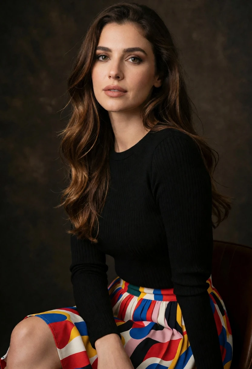 Woman with brown hair in black top and patterned skirt studio portrait - AI generated image prompt sample