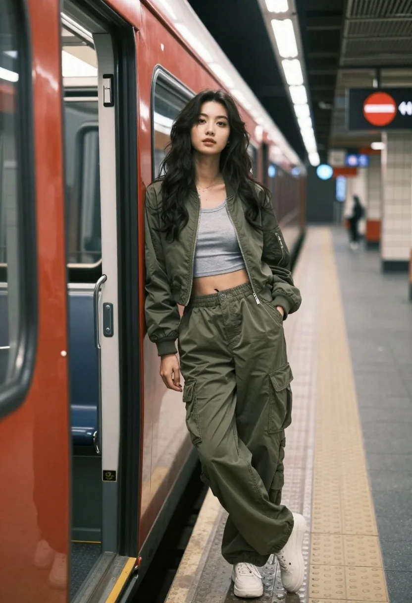 Young woman in bomber jacket leaning against open red subway train door - AI generated image prompt sample