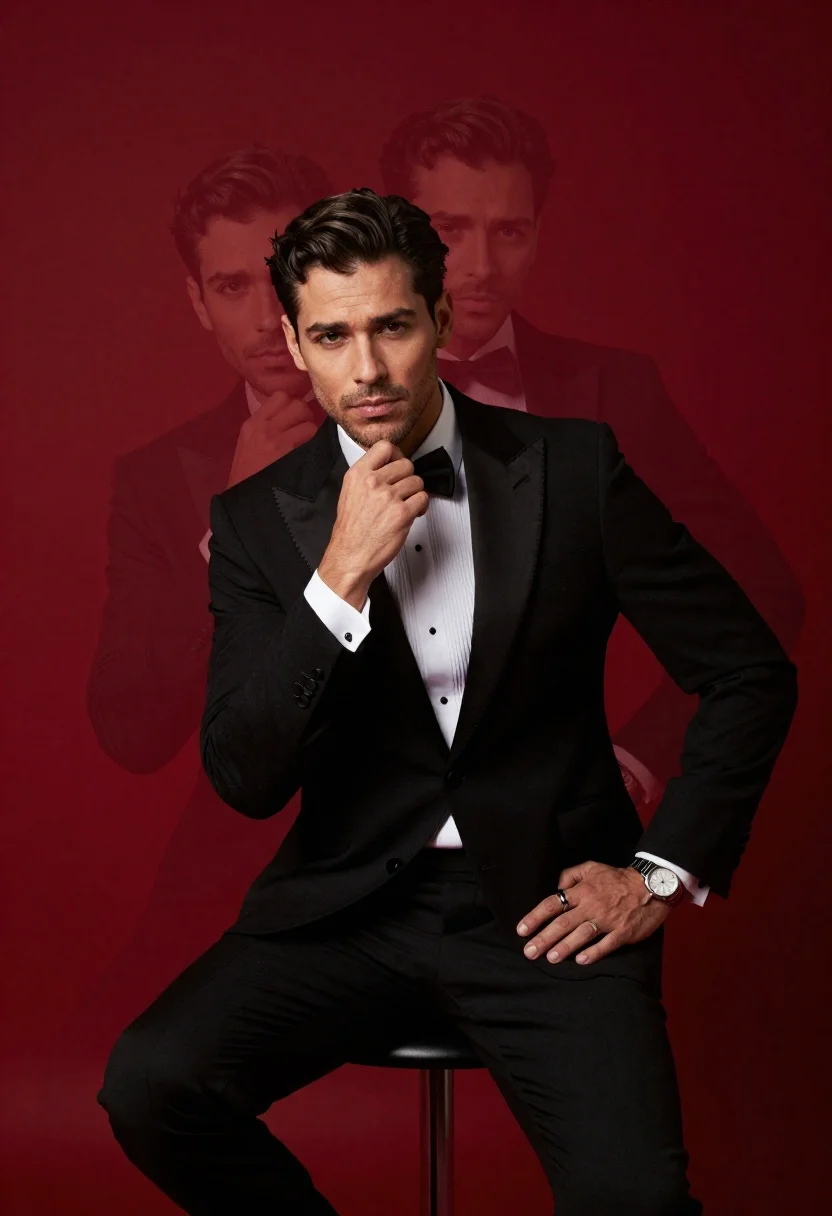 Confident man in black tuxedo sitting on stool with ghostly face overlays - AI generated image prompt sample