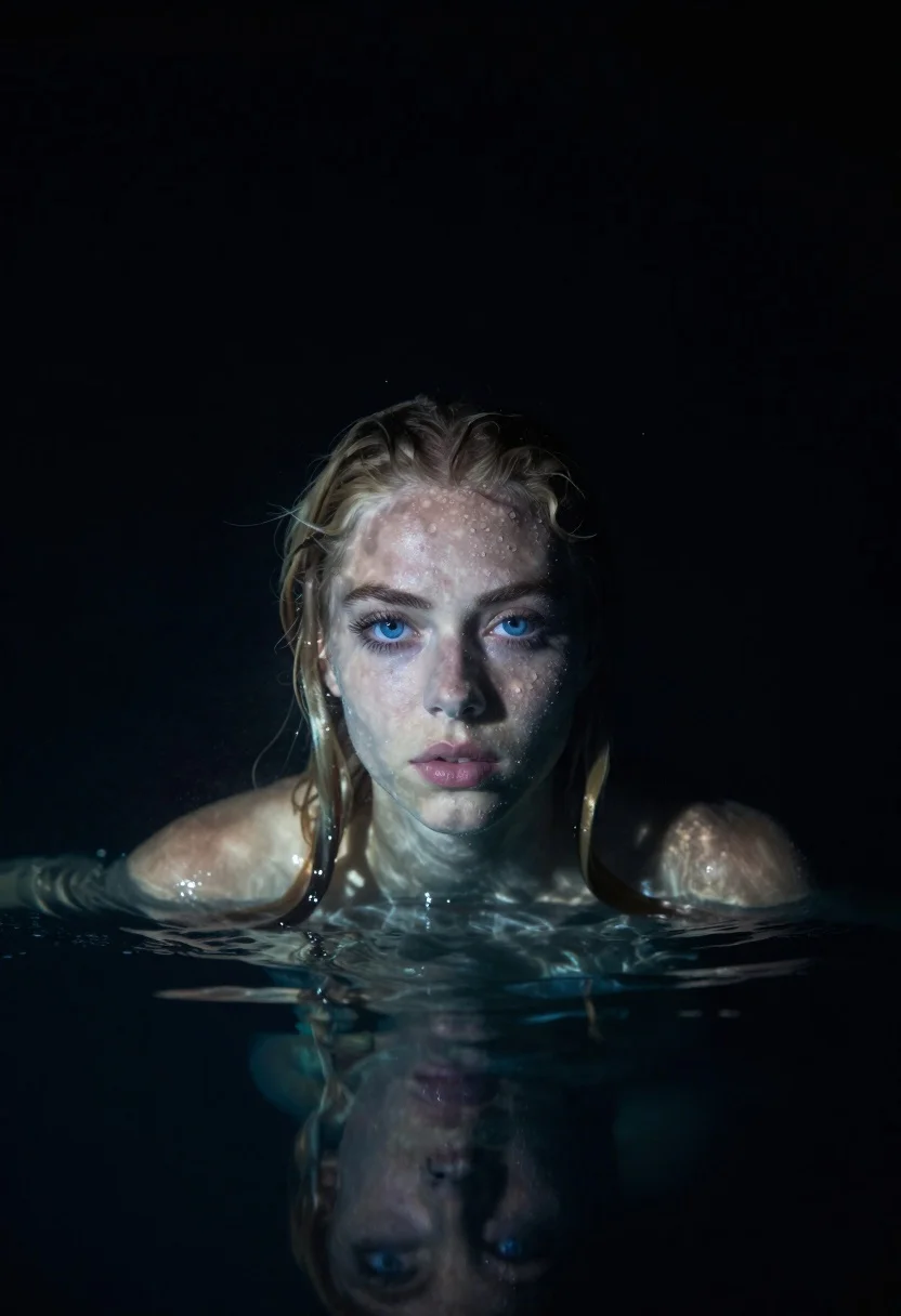 Woman emerging from dark water with wet blonde hair - AI generated image prompt sample