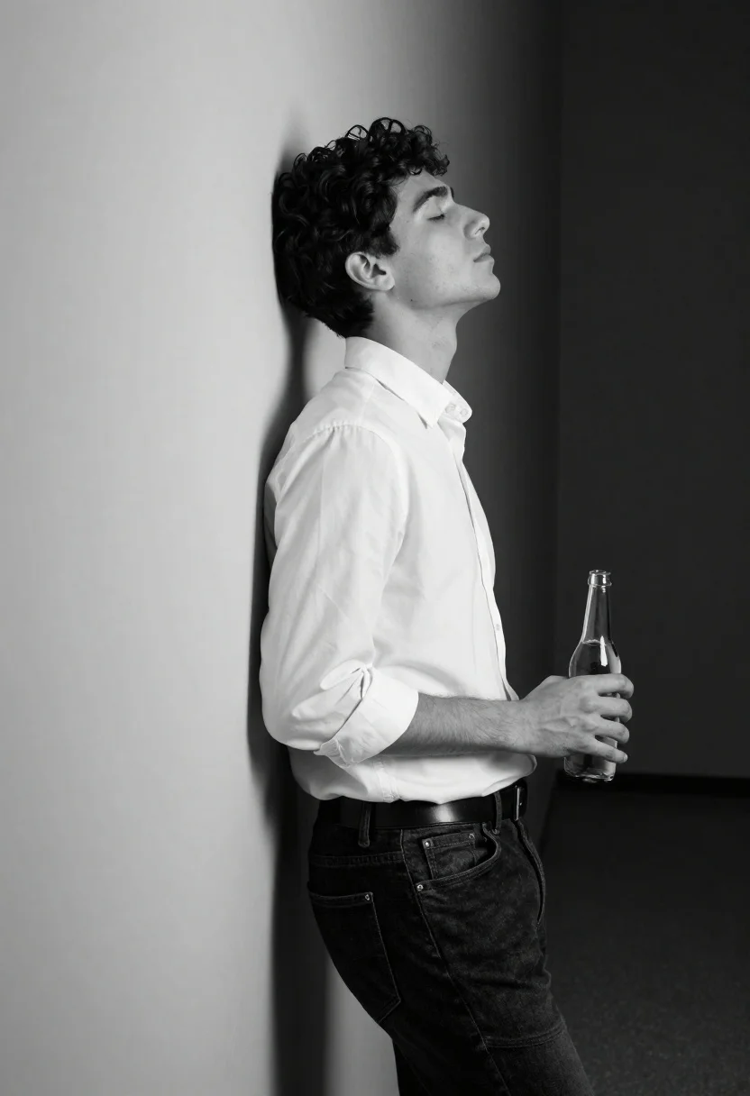 Young man in white shirt leaning against wall in quiet contemplation - AI generated image prompt sample