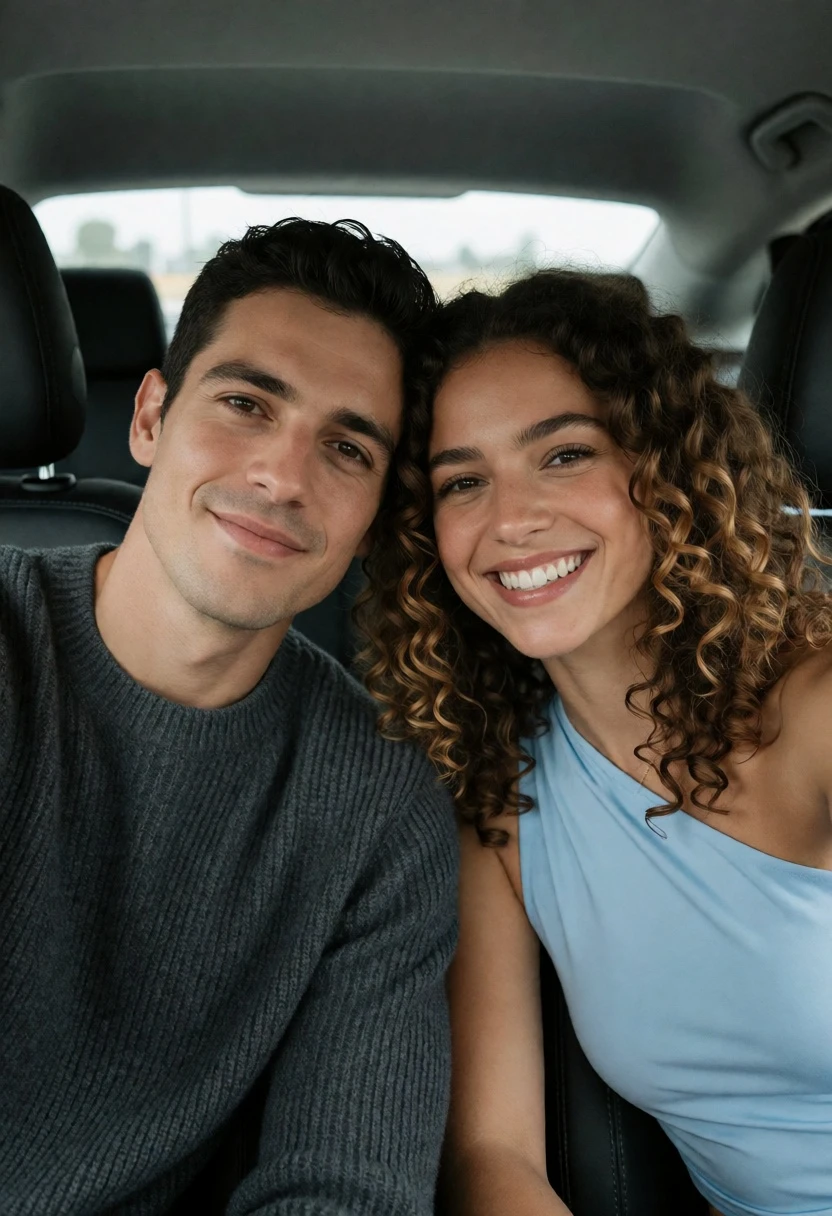Couple smiling closely in car seats during soft daylight selfie moment - AI generated image prompt sample