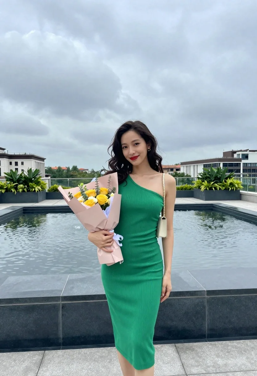Young woman in green dress on rooftop by water feature under cloudy