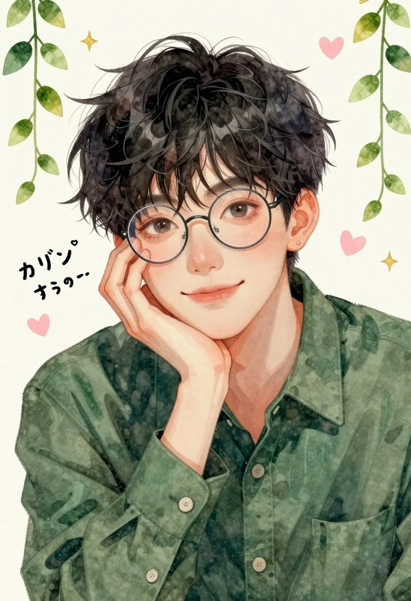 Close up portrait of young man with glasses resting on hand against - AI generated image prompt sample