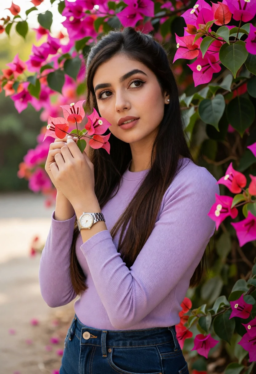 Young woman with dark hair holding pink bougainvillea flowers in garden setting - AI generated image prompt sample