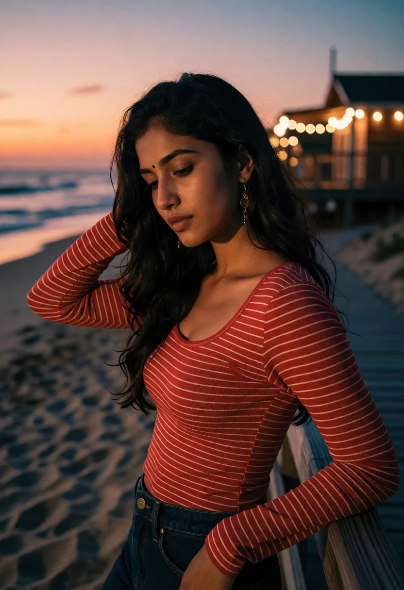 Young woman in striped top standing on beach at twilight by wooden - AI generated image prompt sample