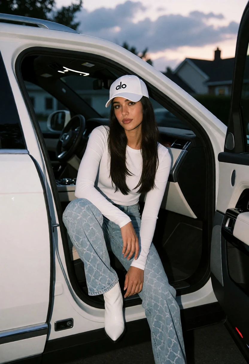 Young woman sitting on luxury suv door sill at dusk in residential - AI generated image prompt sample