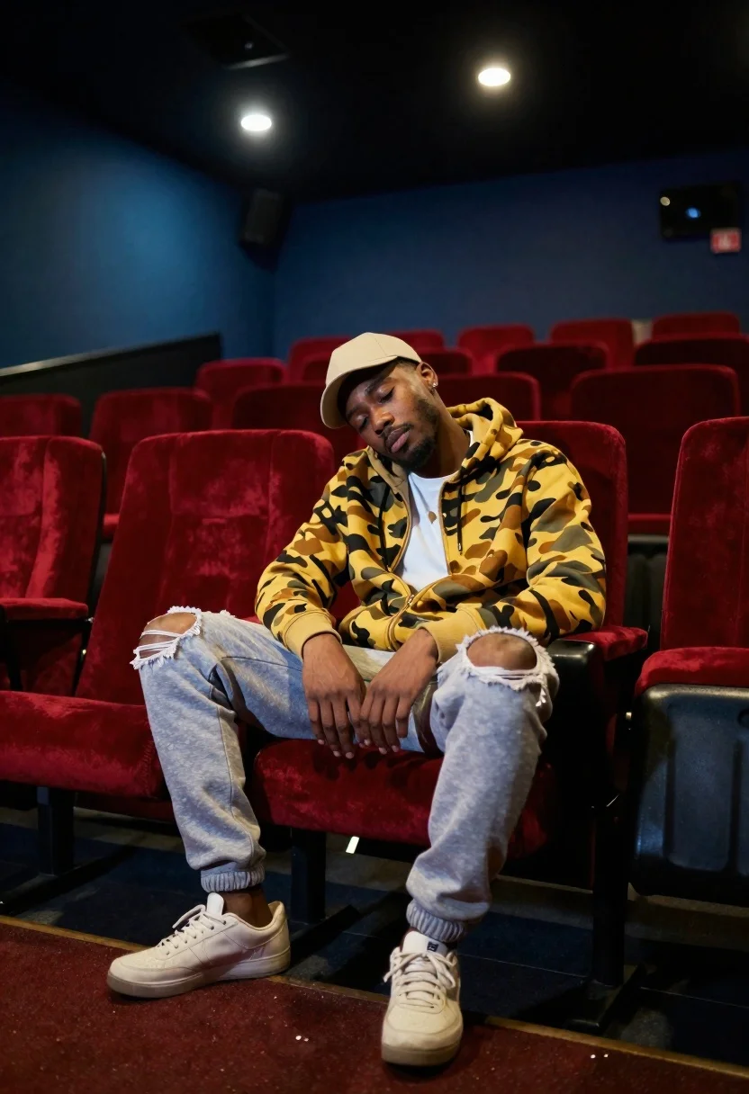 Young man dozing in empty movie theater seats