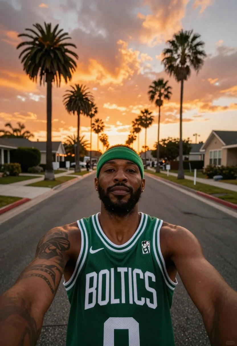Black man in celtics jersey on suburban street