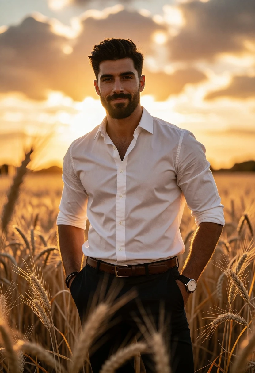 Handsome man in white shirt standing in golden wheat field at sunset - AI generated image prompt sample