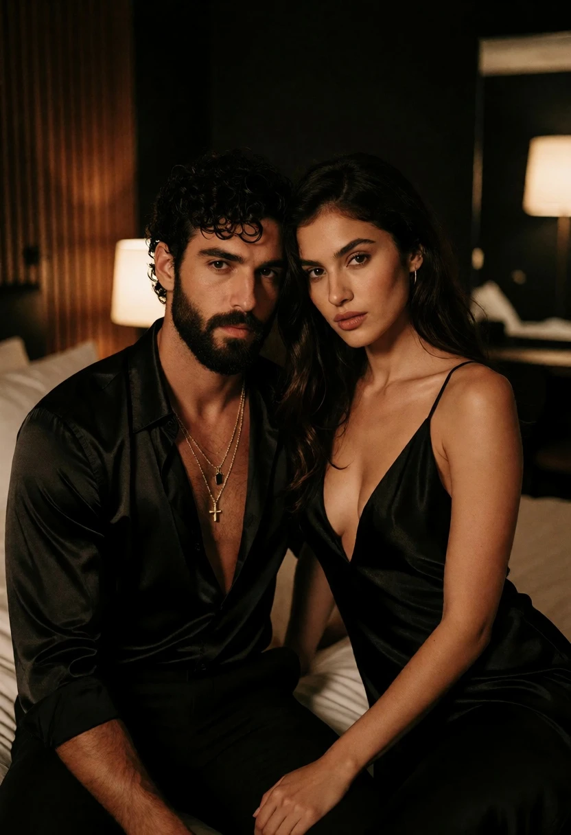 Intimate couple portrait in dimly lit bedroom with black satin clothing - AI generated image prompt sample
