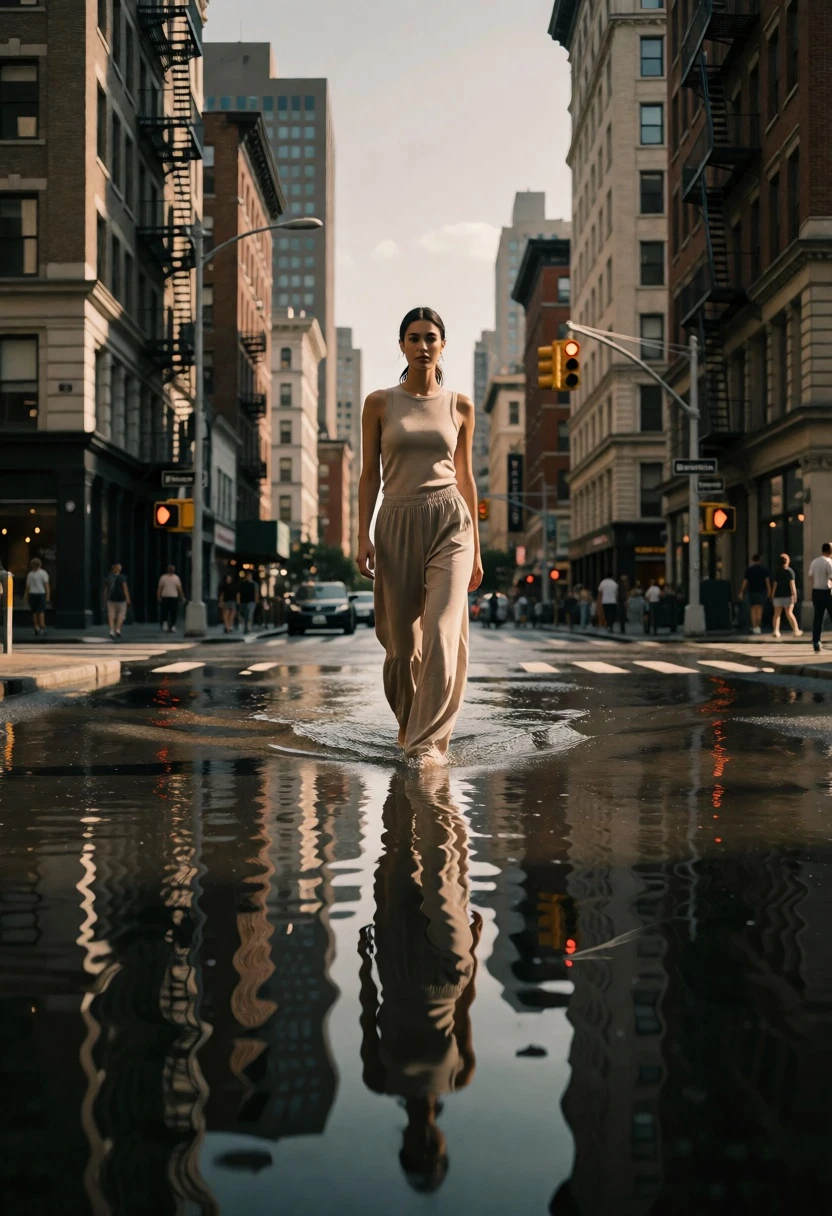 Woman walking through flooded city street reflecting in water at low angle - AI generated image prompt sample