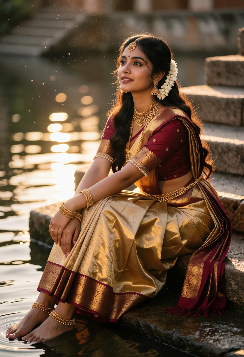 Young woman in maroon silk saree sitting on stone steps by reflective - AI generated image prompt sample