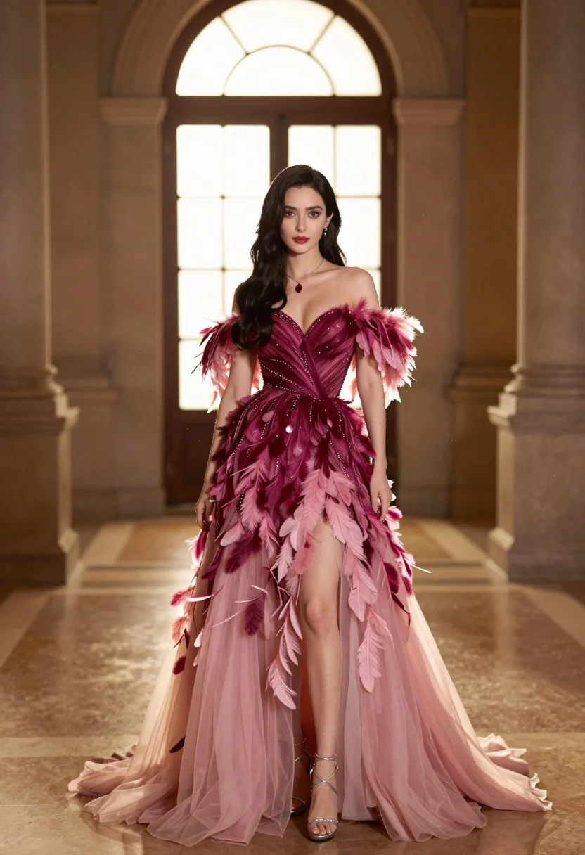 Woman in magenta gown standing in grand hall with arched windows - AI generated image prompt sample