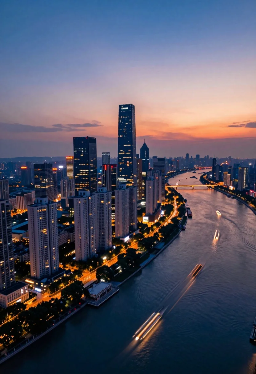 Aerial view of modern metropolis skyline at twilight over a wide river - AI generated image prompt sample