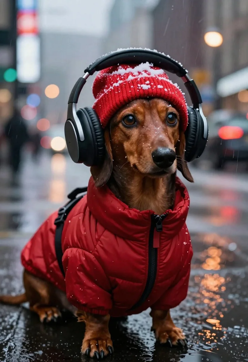 Brown dachshund in winter gear on a city street - AI generated image prompt sample