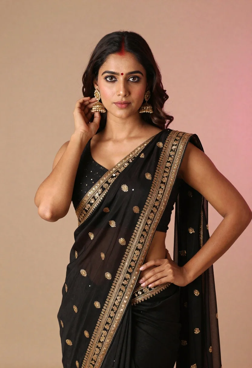 Young woman in black embroidered saree posing in a beige studio setting