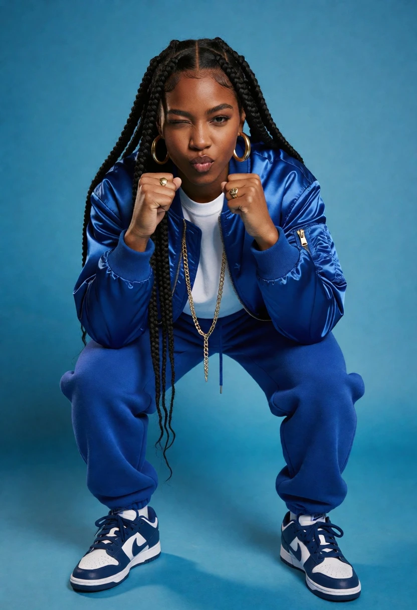 Full body studio portrait of black woman in blue bomber jacket - AI generated image prompt sample