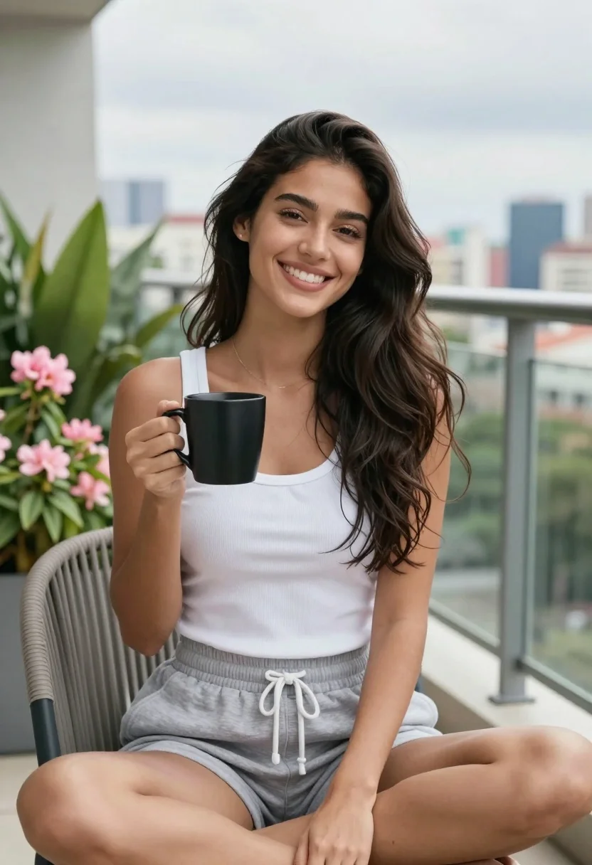 Smiling young woman in white tank top on balcony overlooking city skyline - AI generated image prompt sample