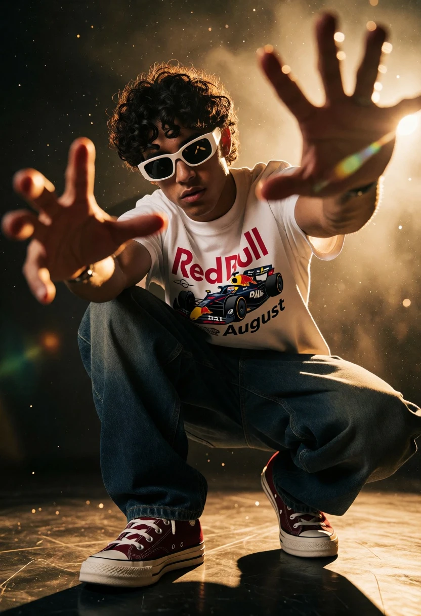 Young man crouching in studio reaching forward with dramatic pose - AI generated image prompt sample