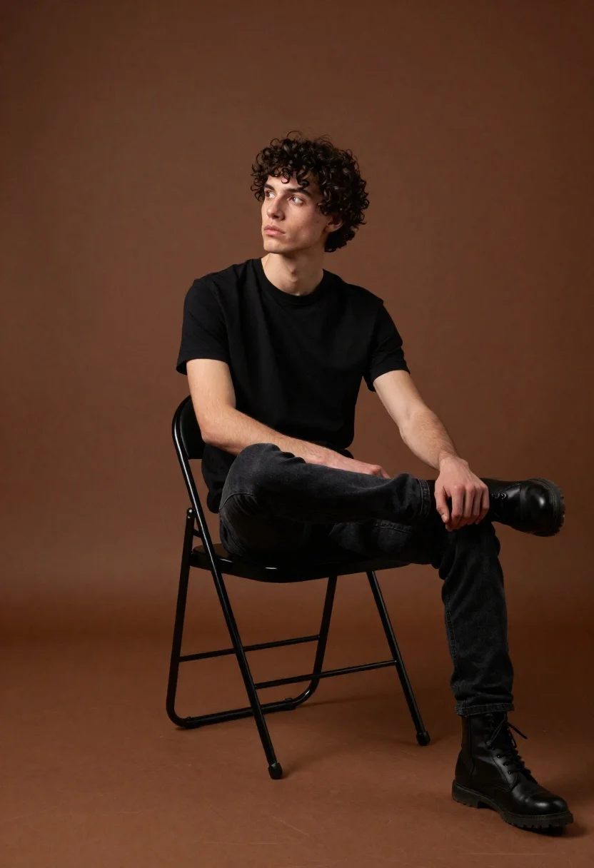Young man with curly dark hair sitting casually in black tshirt - AI generated image prompt sample
