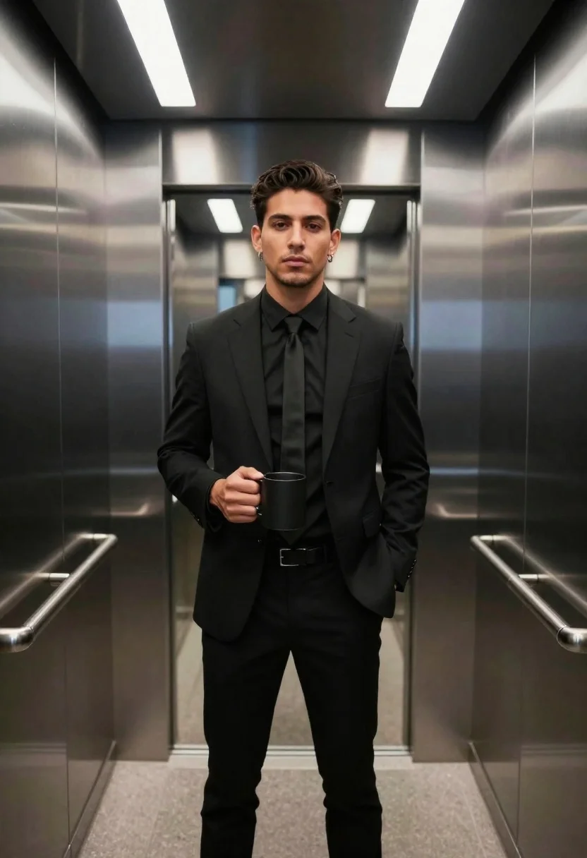 Stylish man in black suit inside modern elevator - AI generated image prompt sample