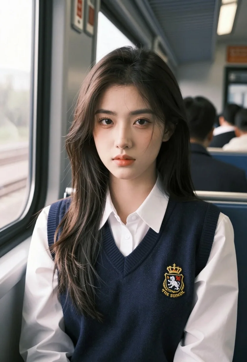 Young woman with dark hair seated by train window looking at camera - AI generated image prompt sample