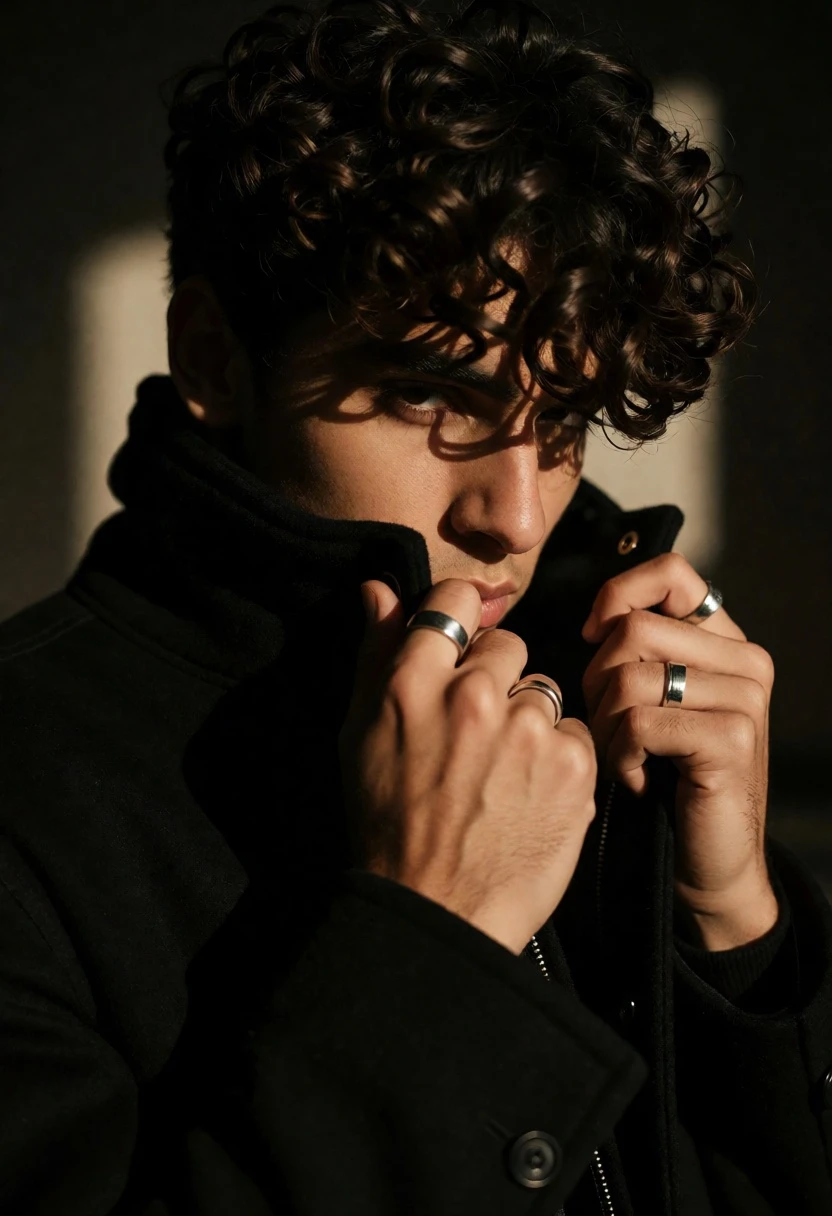 Close up portrait of young man pulling black jacket collar over mouth - AI generated image prompt sample