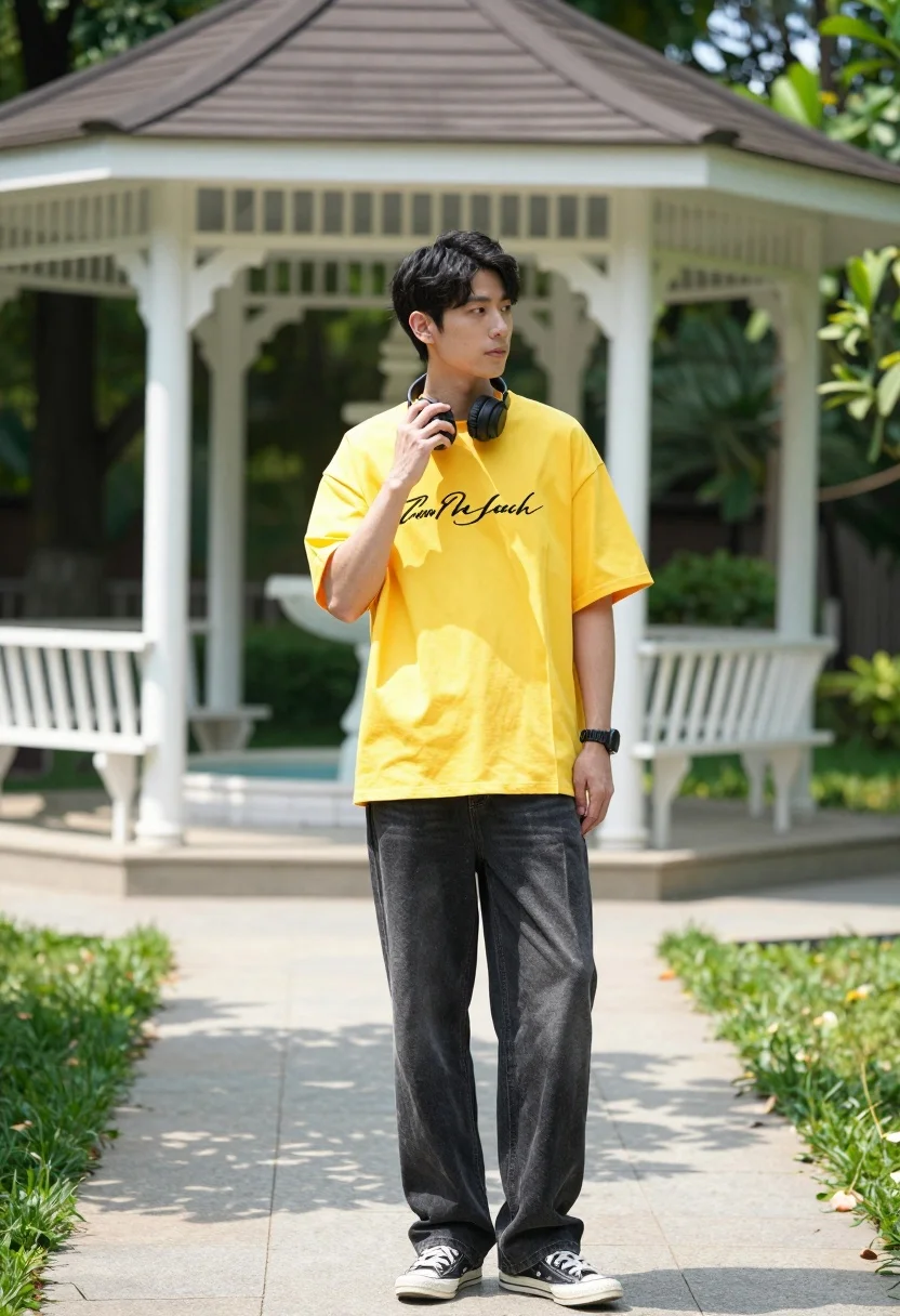Man in yellow tshirt standing confidently near white gazebo in lush garden - AI generated image prompt sample