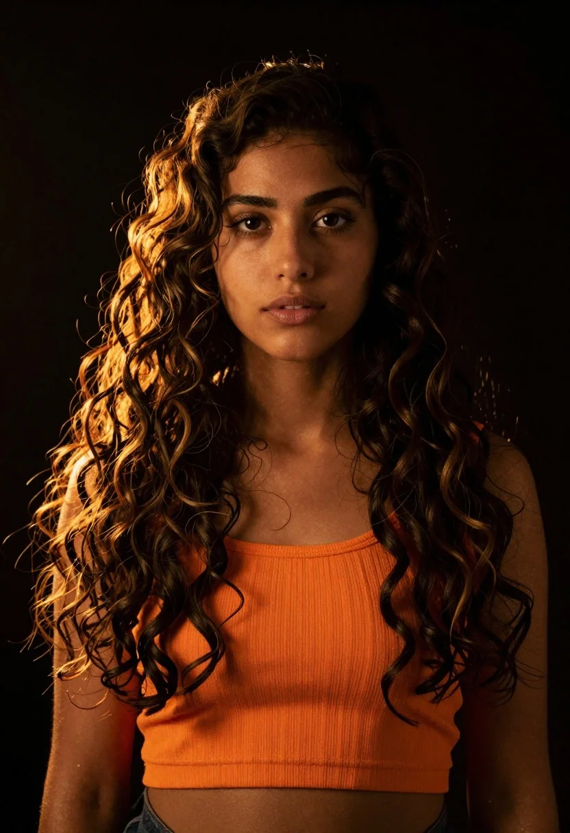 Young woman with dark curly hair lit by golden backlight - AI generated image prompt sample
