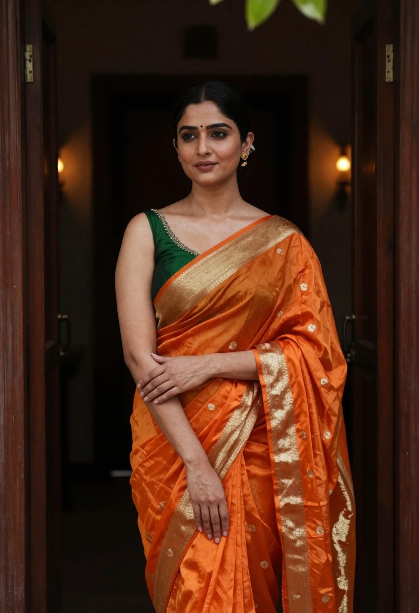 Poised young woman in orange saree standing in dark doorway