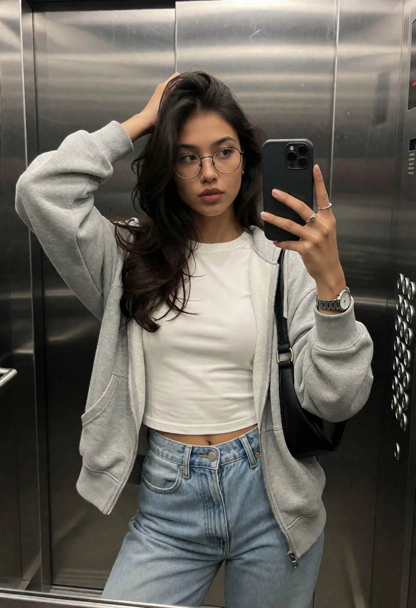 Young woman mirror selfie in elevator wearing denim jeans and hoodie - AI generated image prompt sample