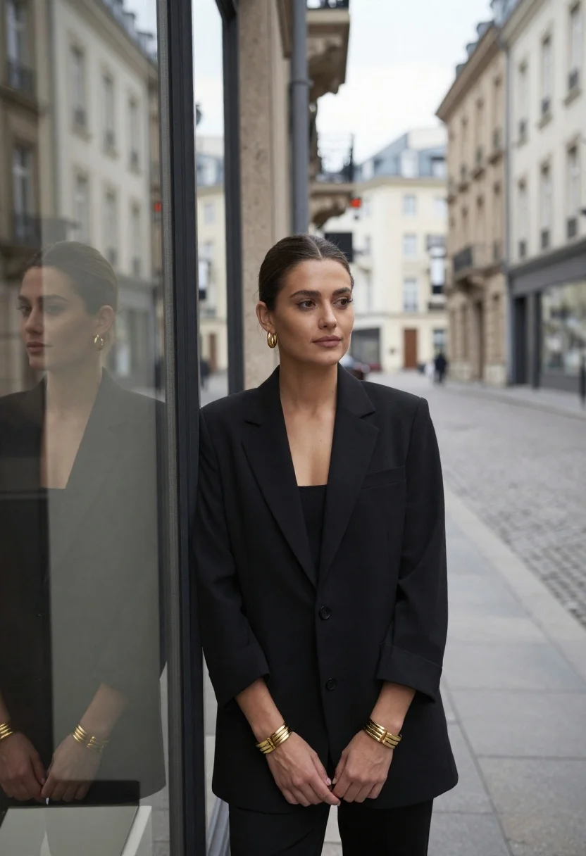 Young woman in black blazer on european cobblestone street reflection - AI generated image prompt sample