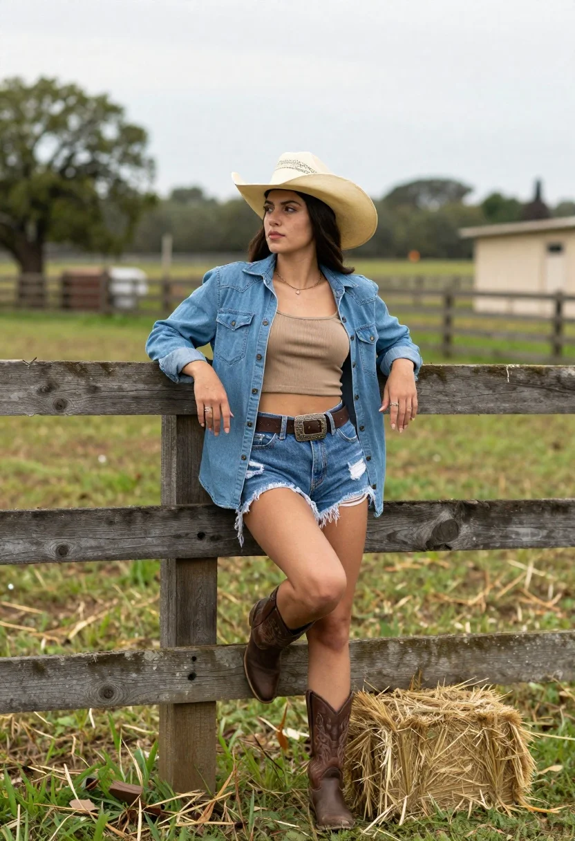 Woman in cowboy hat by wooden fence on farm - AI generated image prompt sample
