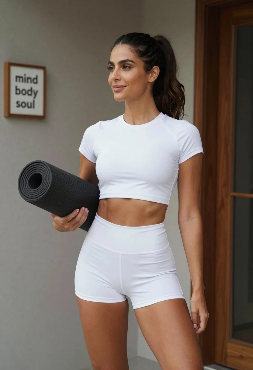 Fit woman with dark hair holding yoga mat in outdoor entryway setting - AI generated image prompt sample