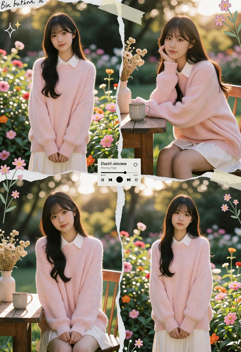 Collage montage of young woman in pink knitwear across multiple settings - AI generated image prompt sample