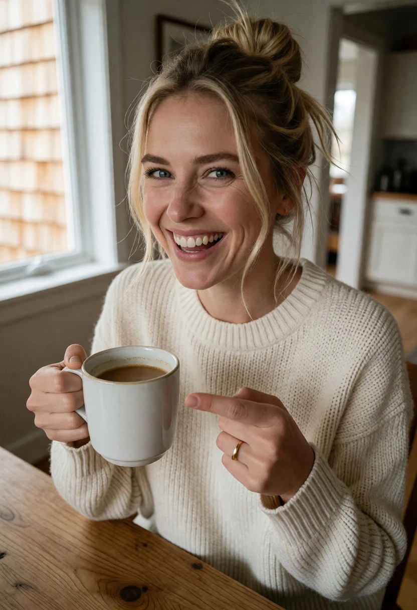 Fairskinned woman with blonde hair holding coffee mug in bright home interior - AI generated image prompt sample