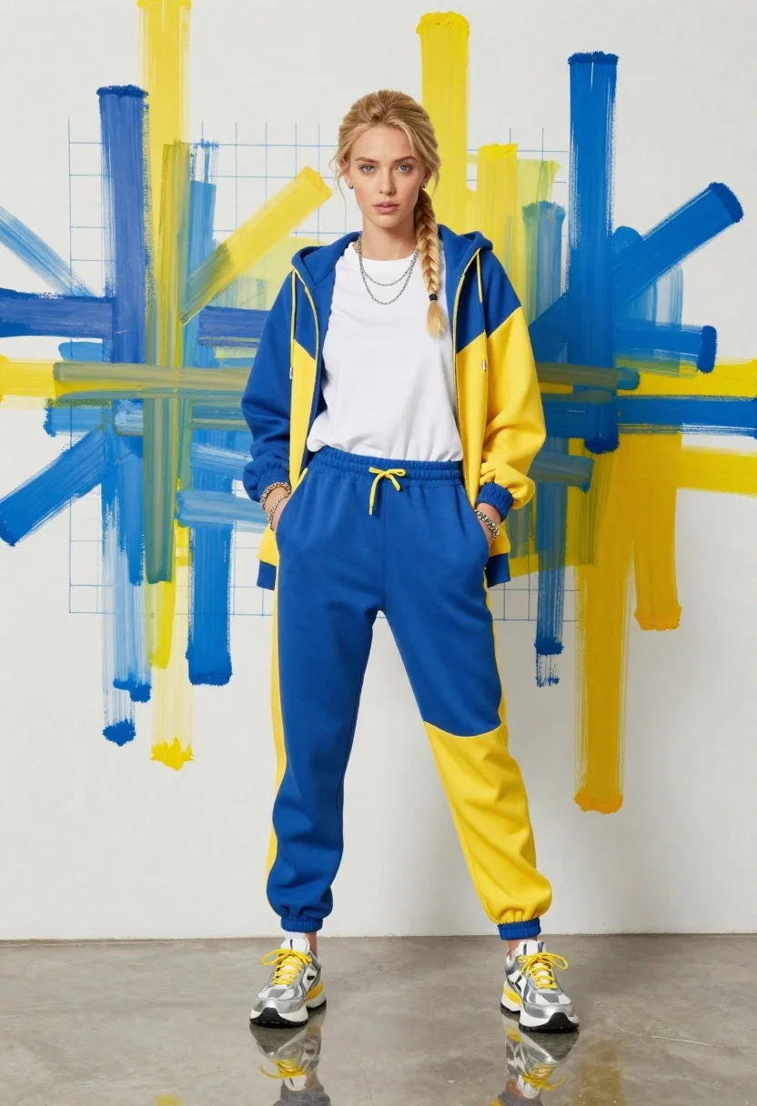 Young woman in color blocked tracksuit against abstract art wall - AI generated image prompt sample