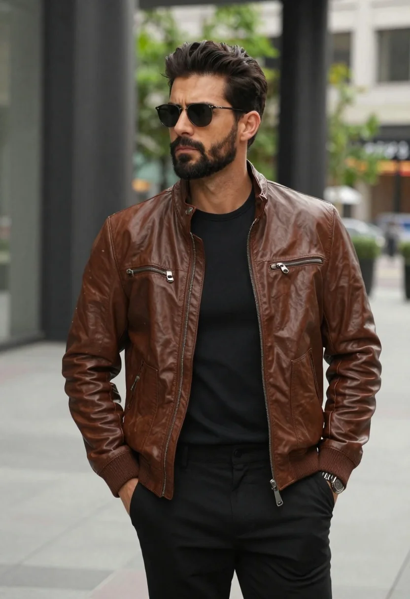 Confident man in brown leather jacket standing in urban city setting - AI generated image prompt sample