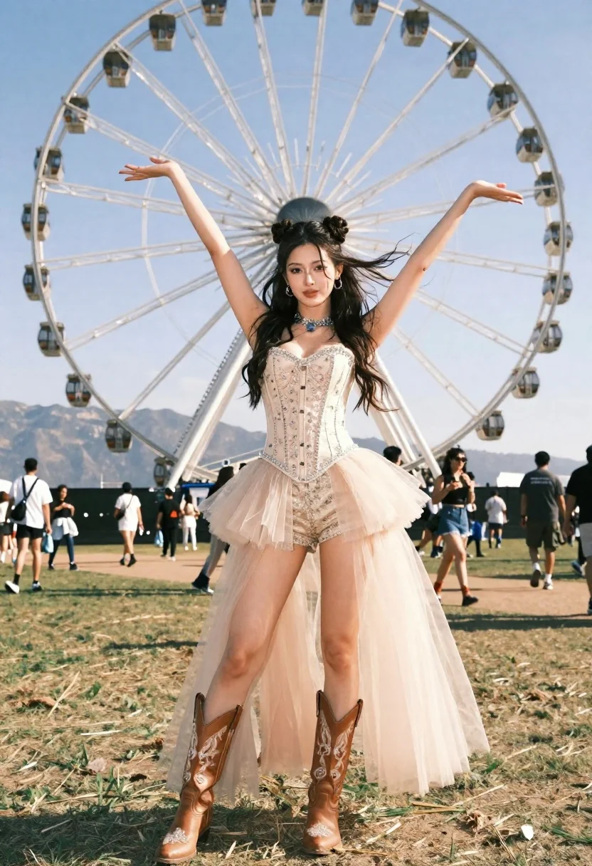 Young woman in beige corset top standing on grassy field with ferris - AI generated image prompt sample